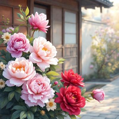 The primary subject of the image is a beautiful bouquet of pink and red flowers, which are arranged in a vase. The setting is an outdoor area with a building in the background. The visual style of the image is a photo, capturing the vibrant colors and details of the flowers. The dominant colors in the image are pink and red, creating a warm and inviting atmosphere.